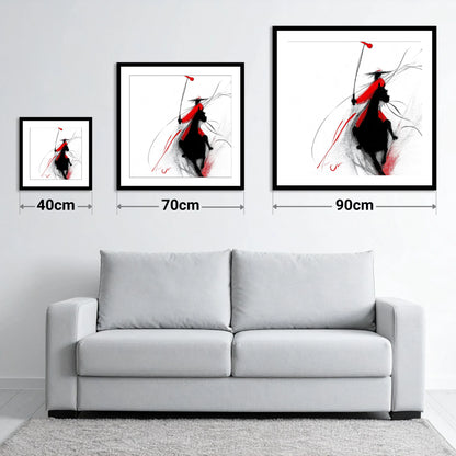 Crimson Polo Strike - size guide showing 40cm, 70cm and 90cm art prints