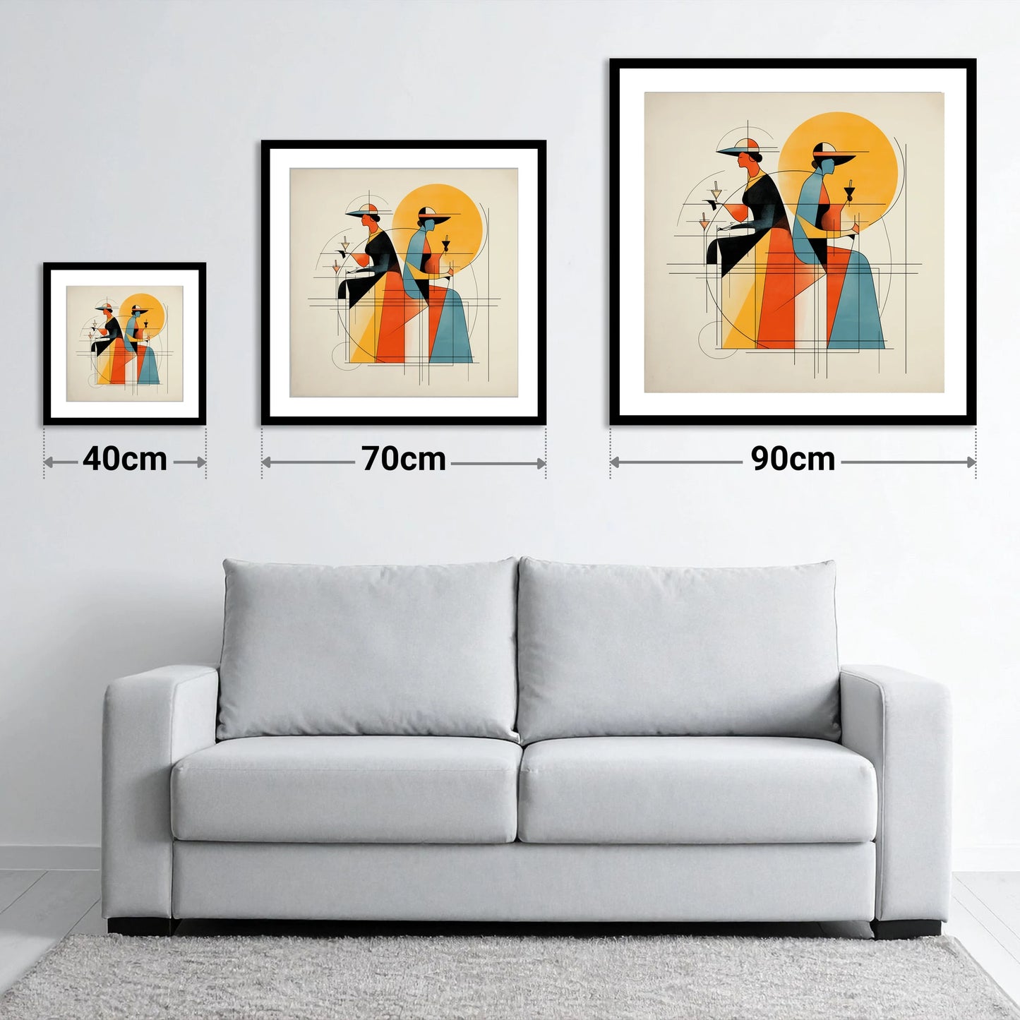 Race Day Elegance - size guide showing 40cm, 70cm and 90cm art prints