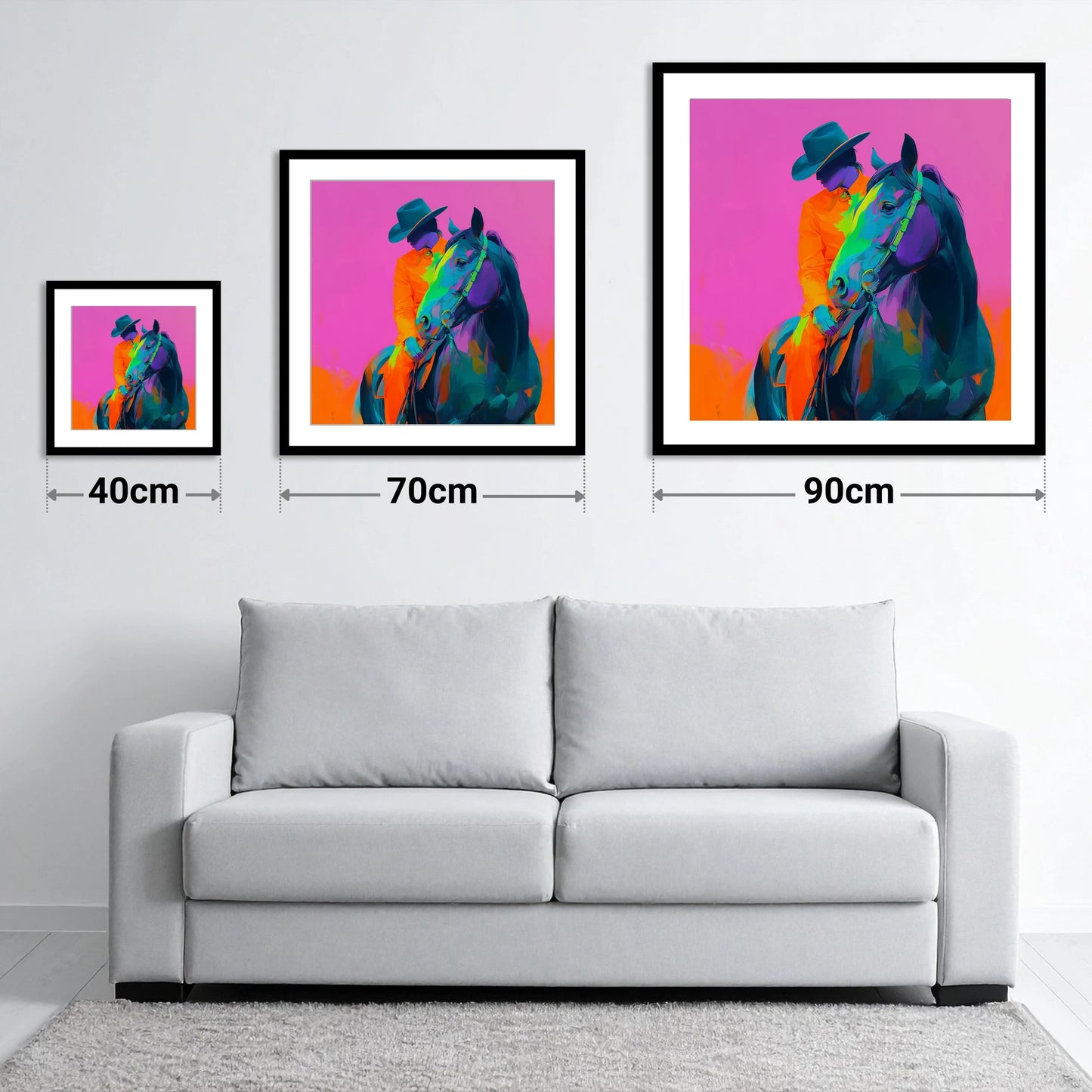 Neon Western Partnership - size guide showing 40cm, 70cm and 90cm art prints