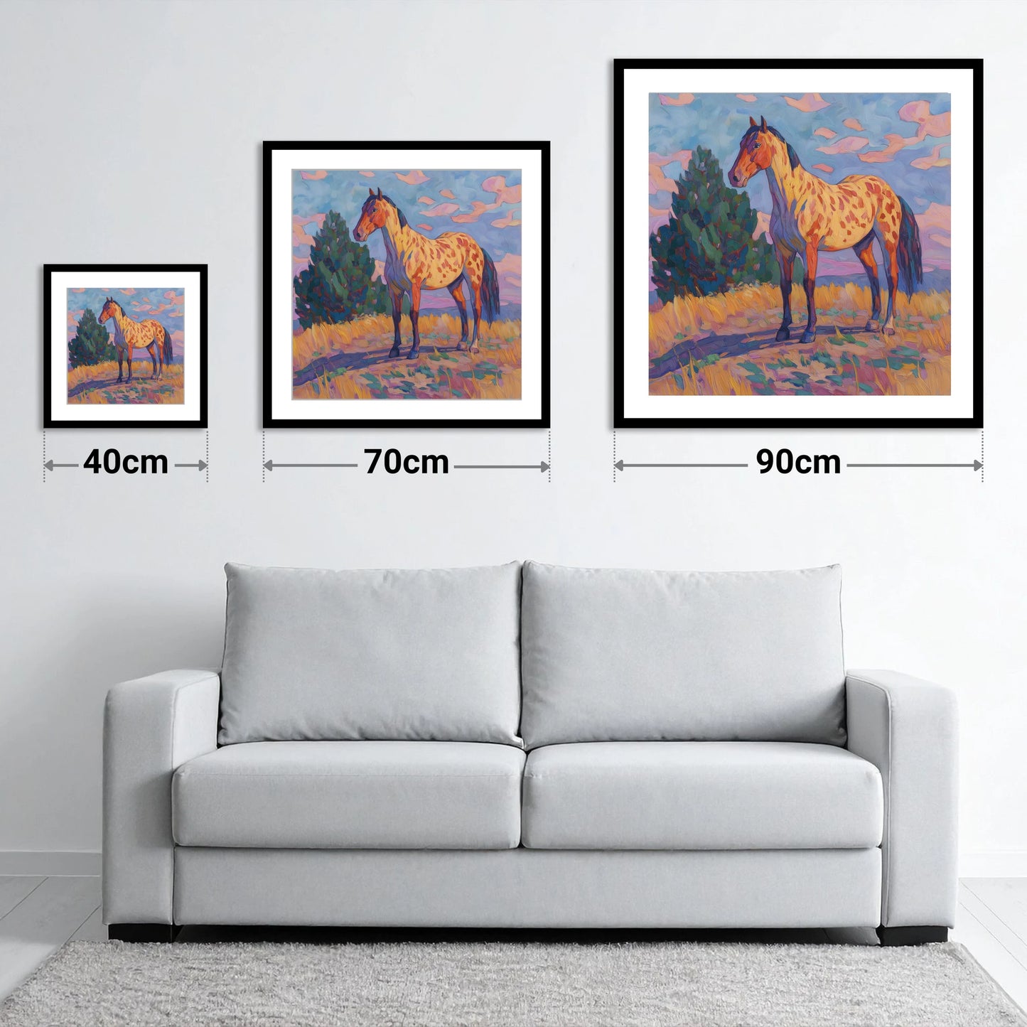 Painted Prairie Appaloosa - size guide showing 40cm, 70cm and 90cm art prints