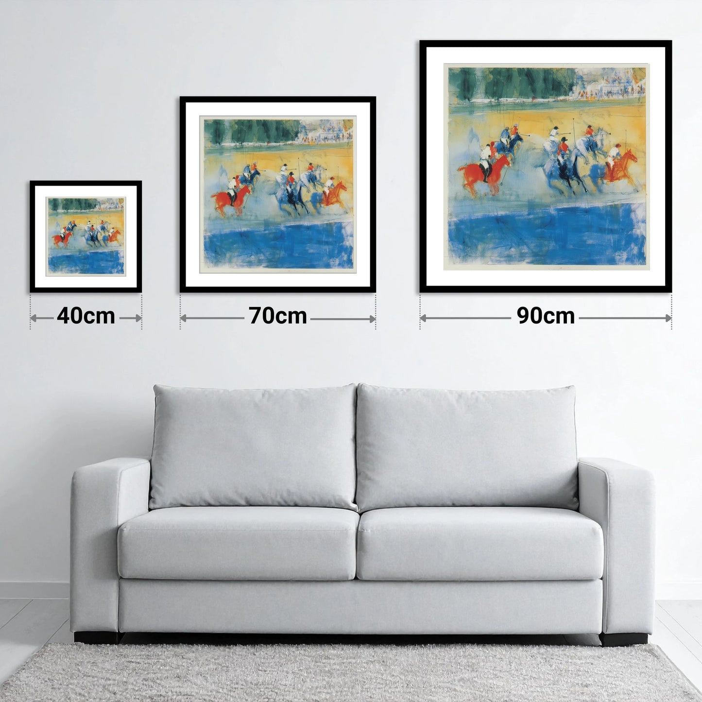 Colours of the Chukka - size guide showing 40cm, 70cm and 90cm art prints