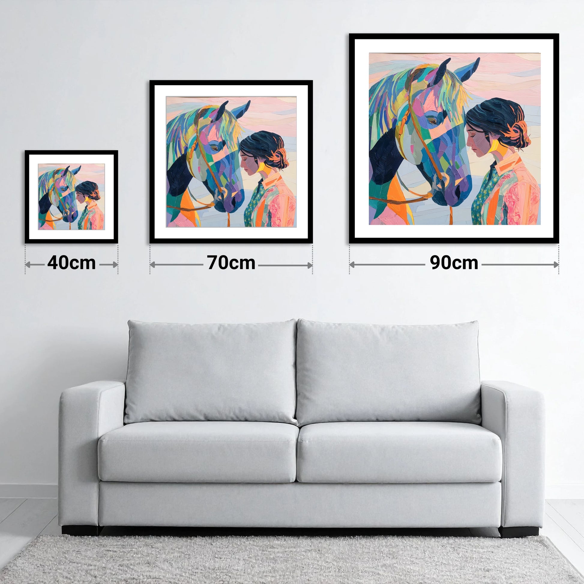 Vibrant Harmony - size guide showing 40cm, 70cm and 90cm art prints