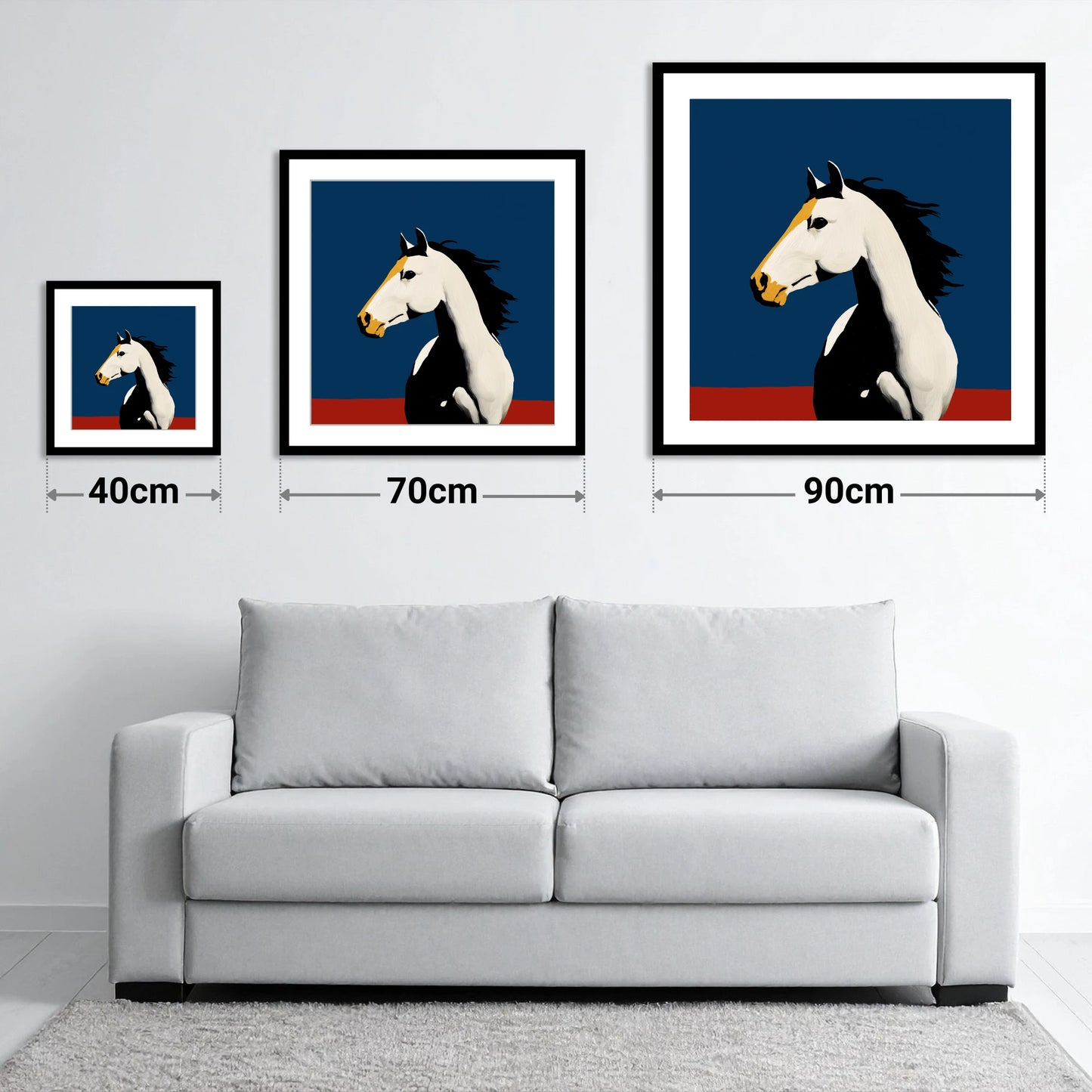 Vibrant Graphic Profile - size guide showing 40cm, 70cm and 90cm art prints