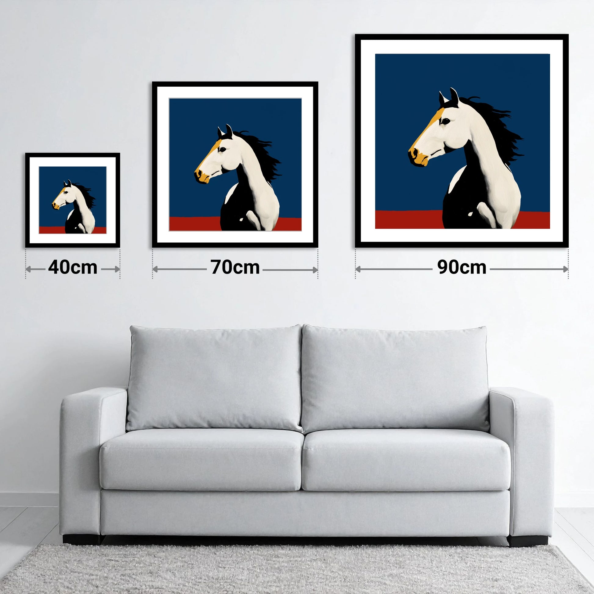 Vibrant Graphic Profile - size guide showing 40cm, 70cm and 90cm art prints