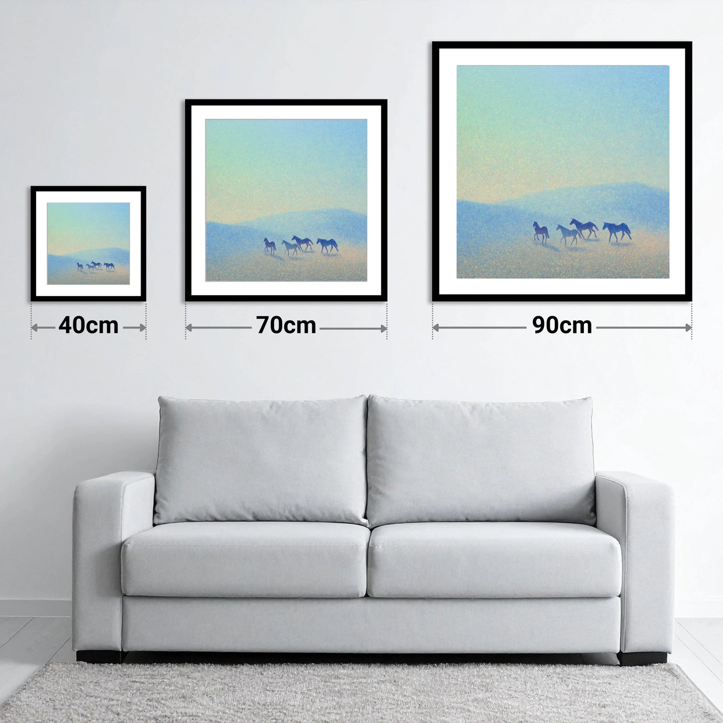 Ethereal Blue Herd - size guide showing 40cm, 70cm and 90cm art prints