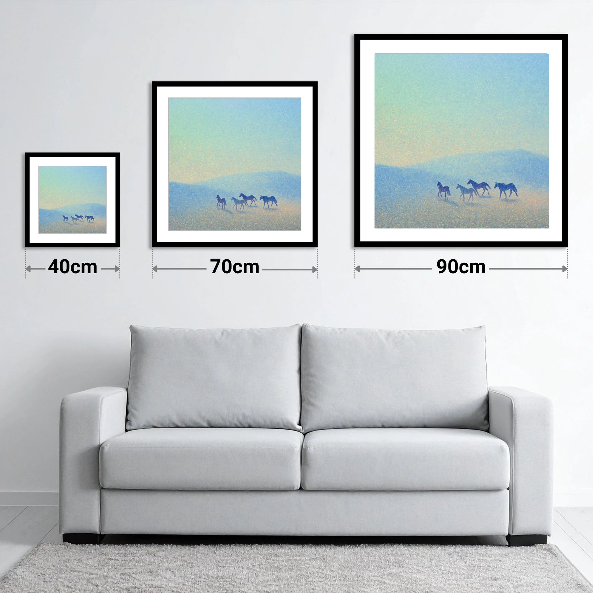 Ethereal Blue Herd - size guide showing 40cm, 70cm and 90cm art prints