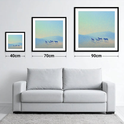 Ethereal Blue Herd - size guide showing 40cm, 70cm and 90cm art prints
