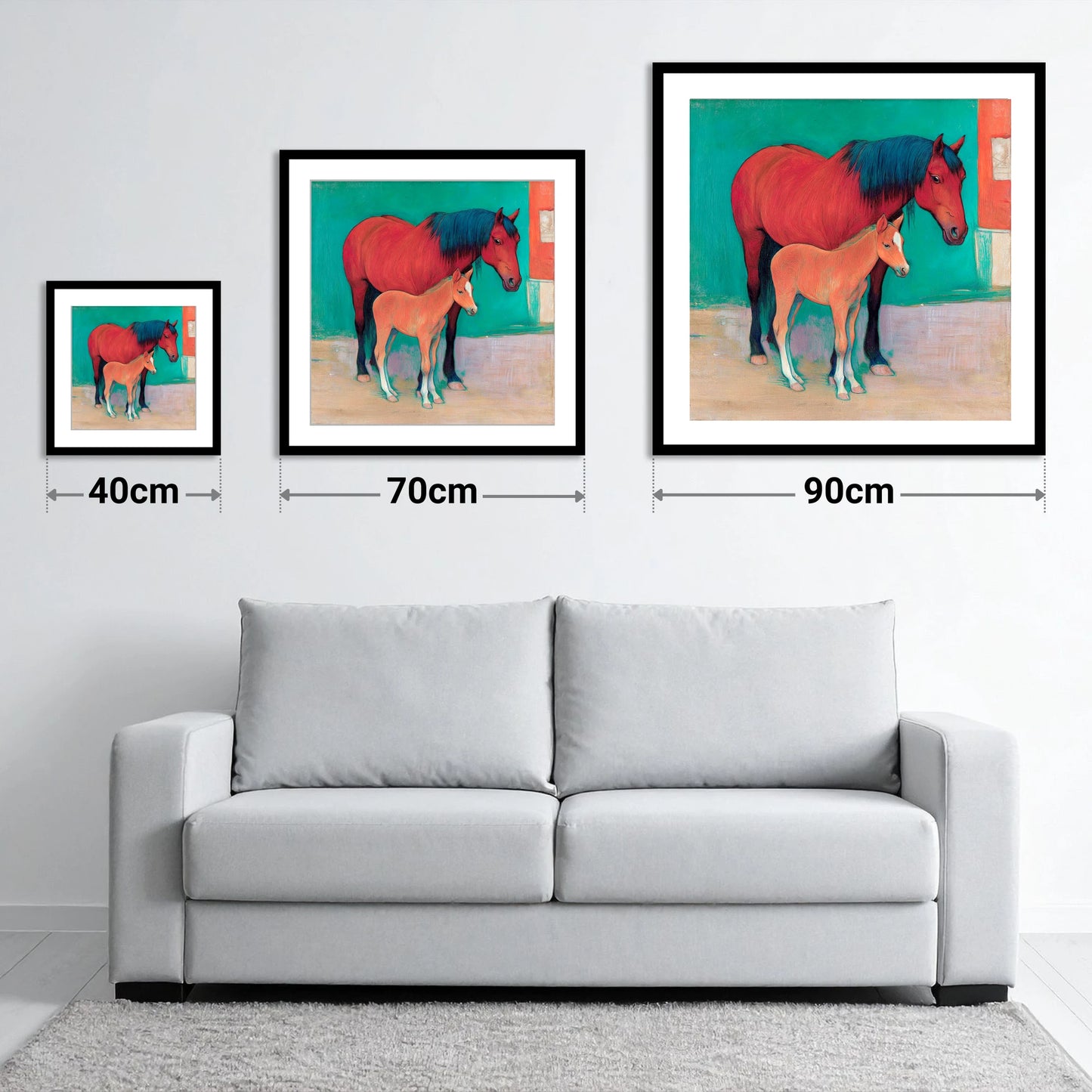 Crimson Mare and Foal - size guide showing 40cm, 70cm and 90cm art prints