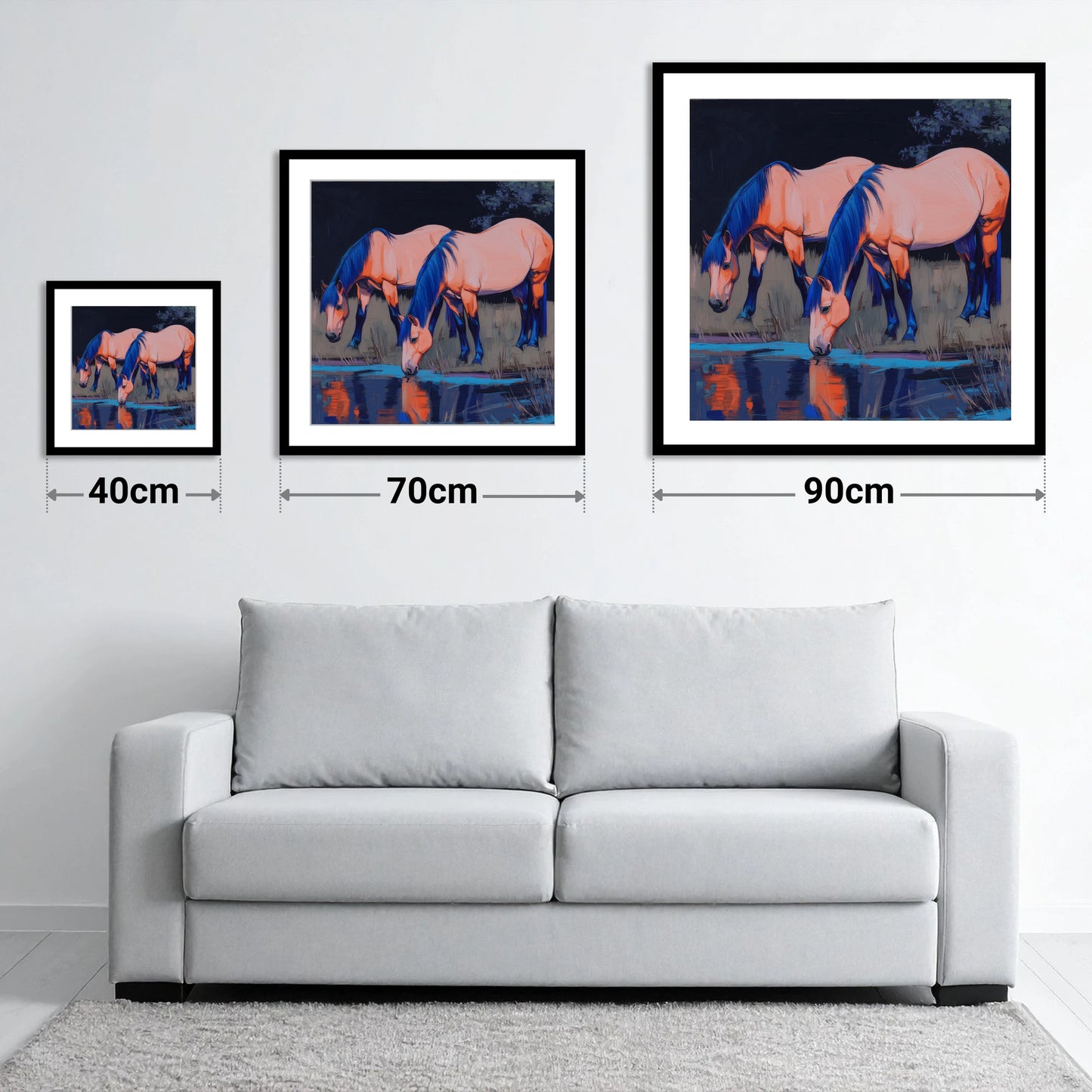 Indigo Waters - size guide showing 40cm, 70cm and 90cm art prints