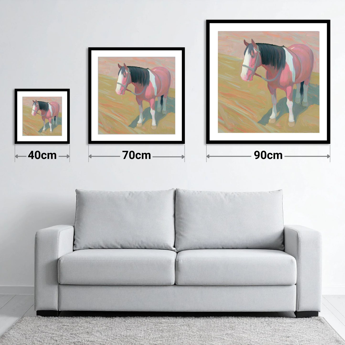 The Gentle Skewbald - size guide showing 40cm, 70cm and 90cm art prints