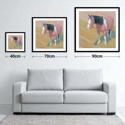 The Gentle Skewbald - size guide showing 40cm, 70cm and 90cm art prints