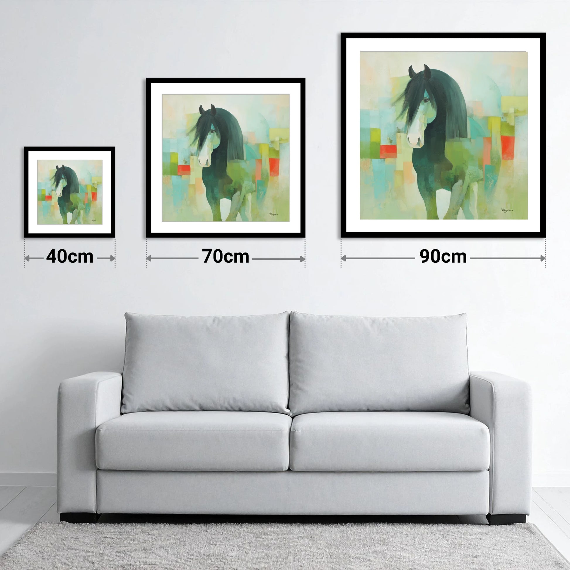 Geometric Equine Harmony - size guide showing 40cm, 70cm and 90cm art prints