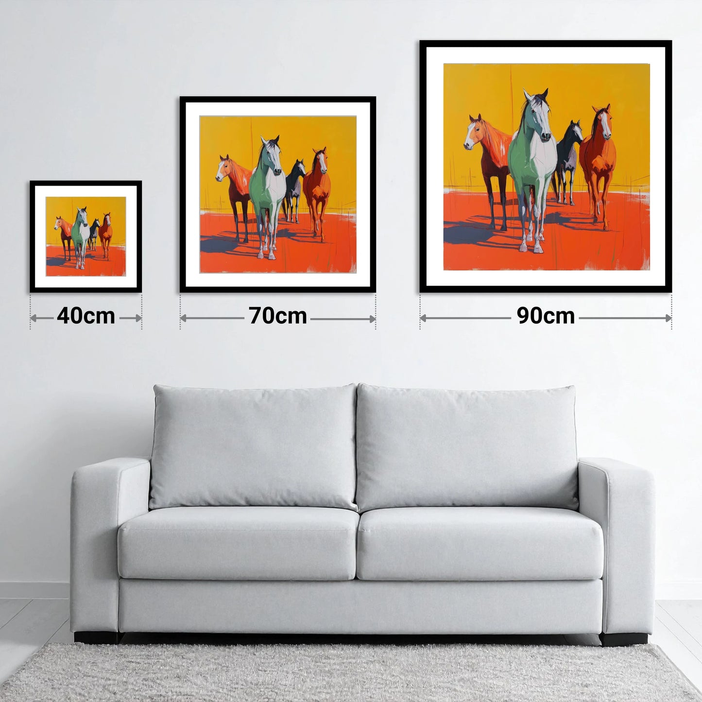 Vibrant Sunlit Herd - size guide showing 40cm, 70cm and 90cm art prints