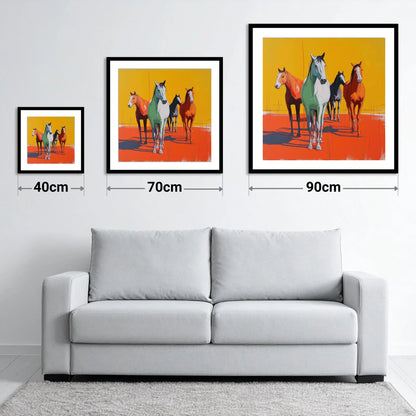 Vibrant Sunlit Herd - size guide showing 40cm, 70cm and 90cm art prints