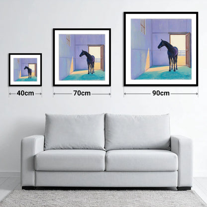 Sunlit Stable Shadows - size guide showing 40cm, 70cm and 90cm art prints