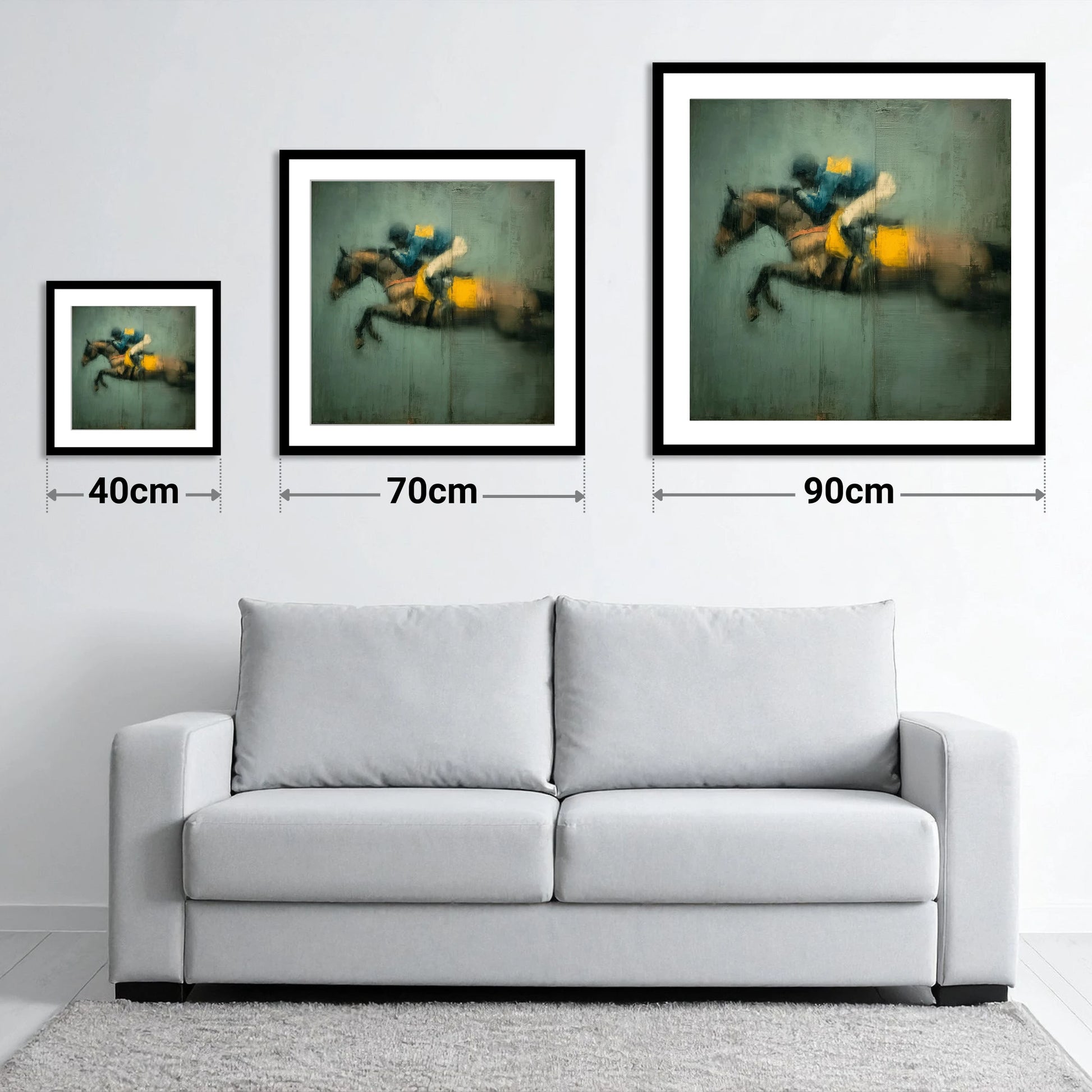 Airborne in Teal and Gold - size guide showing 40cm, 70cm and 90cm art prints