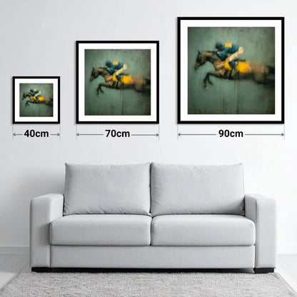 Airborne in Teal and Gold - size guide showing 40cm, 70cm and 90cm art prints