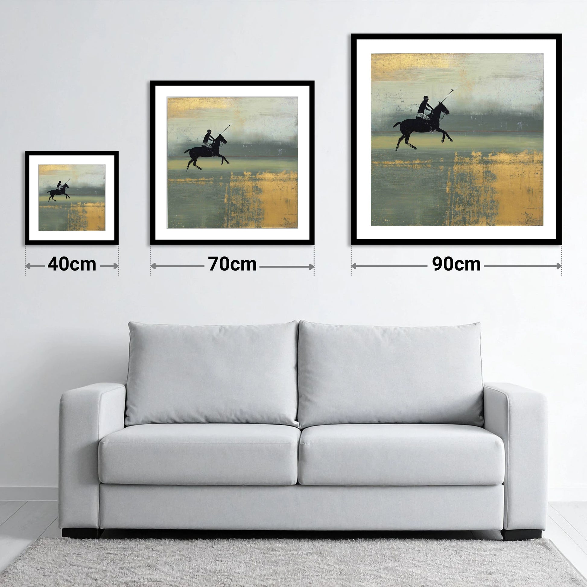 Gilded Chukka - size guide showing 40cm, 70cm and 90cm art prints