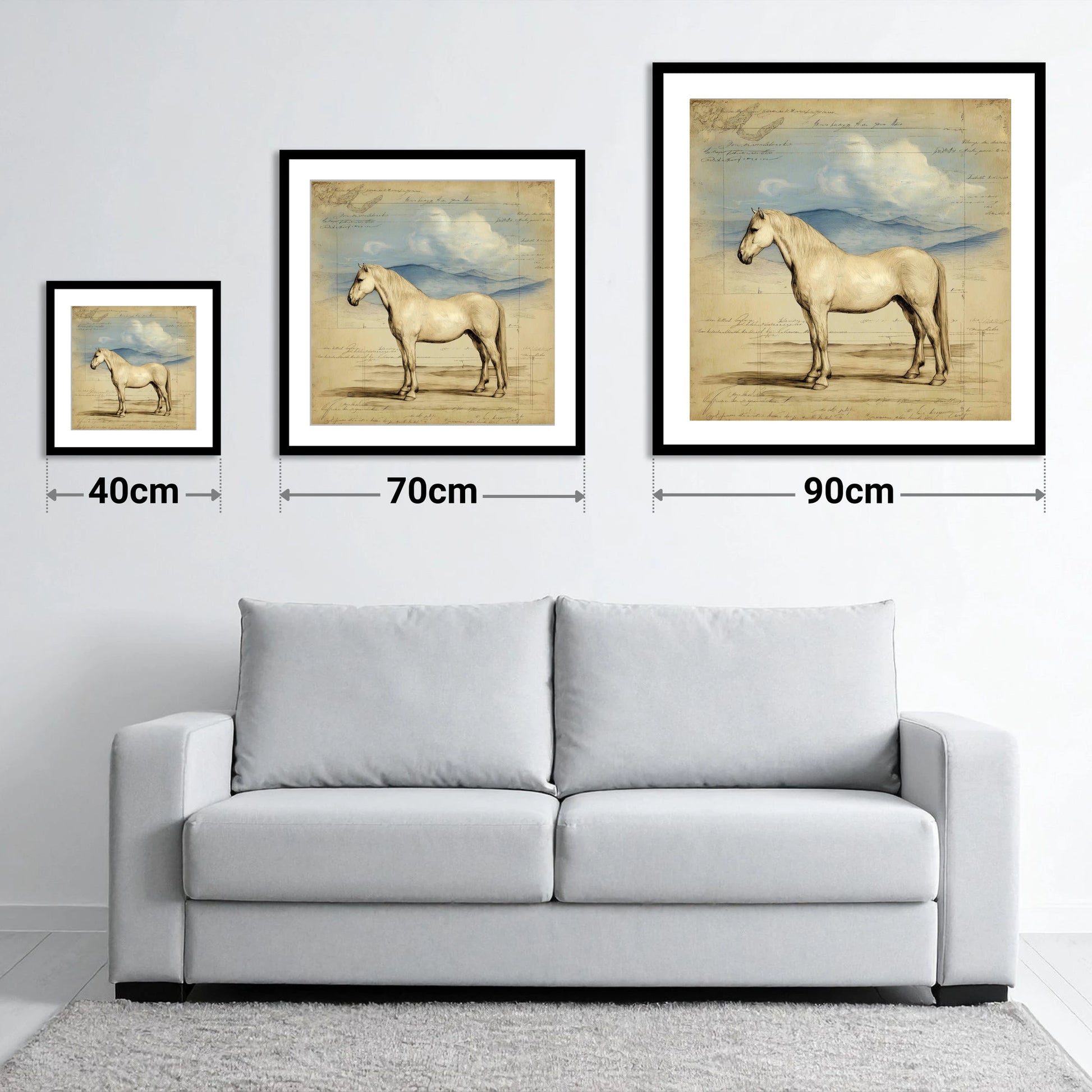 Classical Equine Study - size guide showing 40cm, 70cm and 90cm art prints