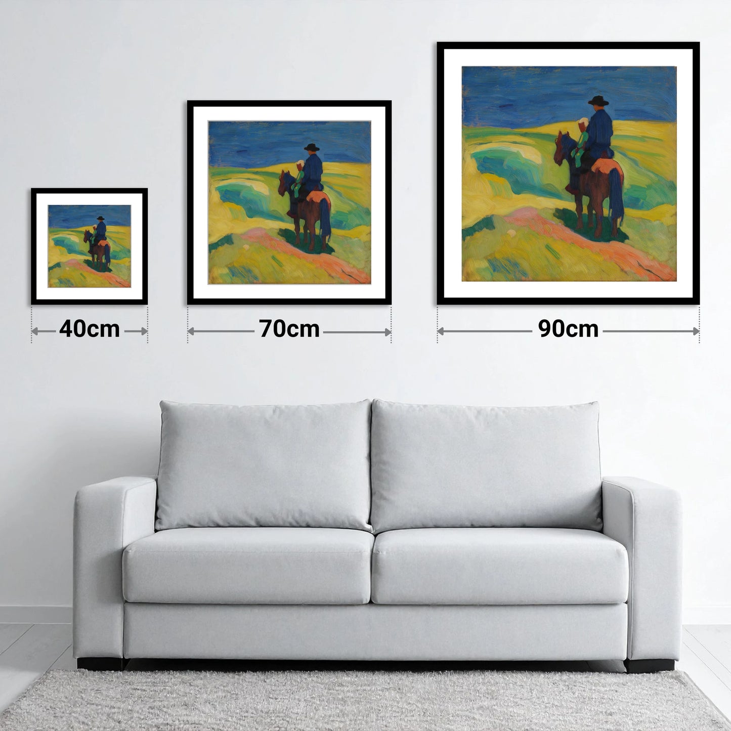 A Shared Horizon - size guide showing 40cm, 70cm and 90cm art prints