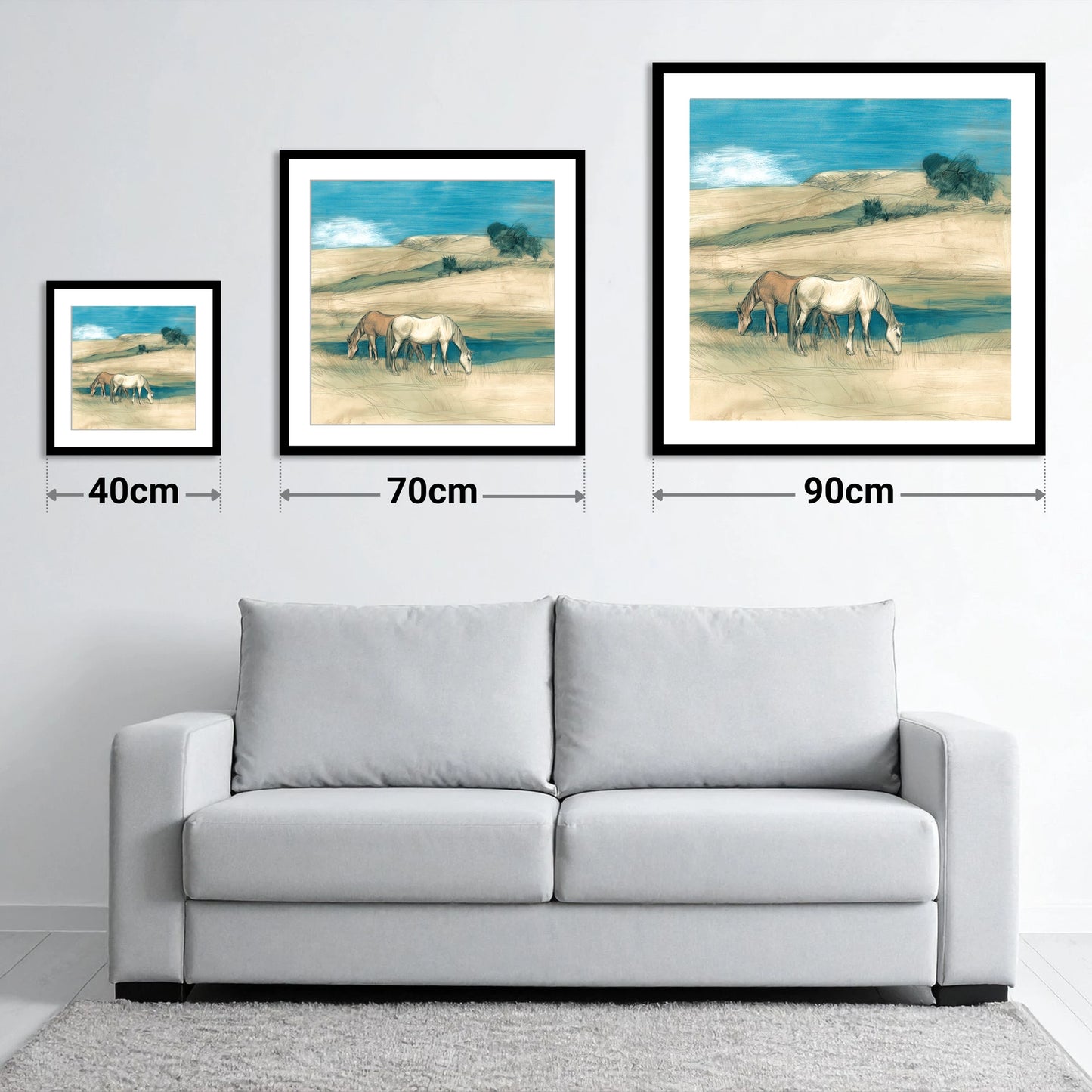 Grazing Beneath Teal Skies - size guide showing 40cm, 70cm and 90cm art prints