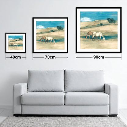 Grazing Beneath Teal Skies - size guide showing 40cm, 70cm and 90cm art prints