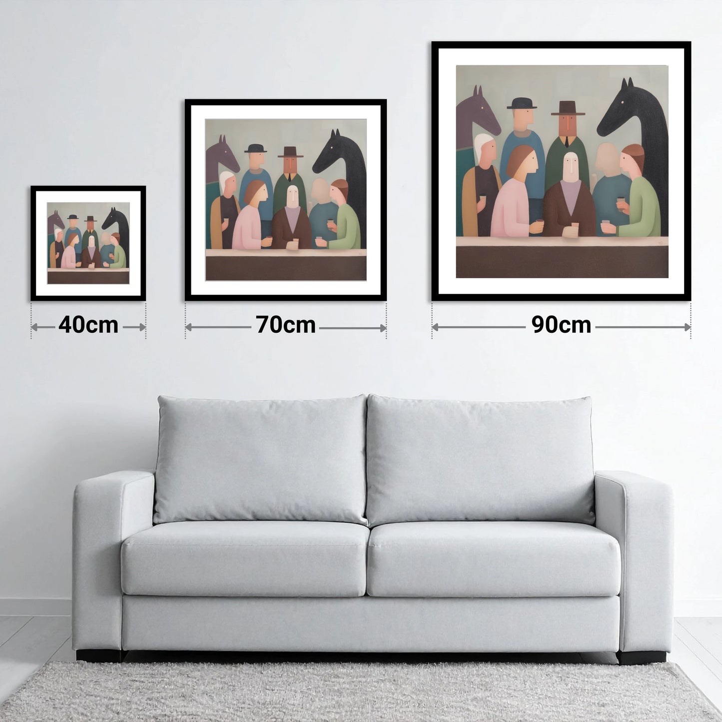 After the Last Race - size guide showing 40cm, 70cm and 90cm art prints