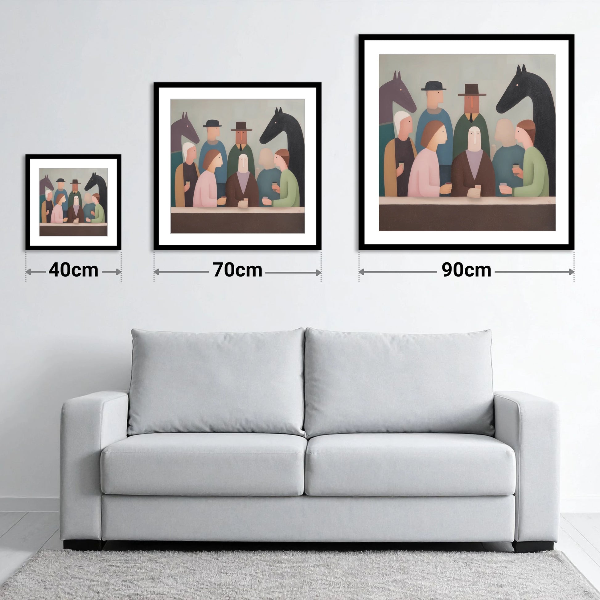 After the Last Race - size guide showing 40cm, 70cm and 90cm art prints