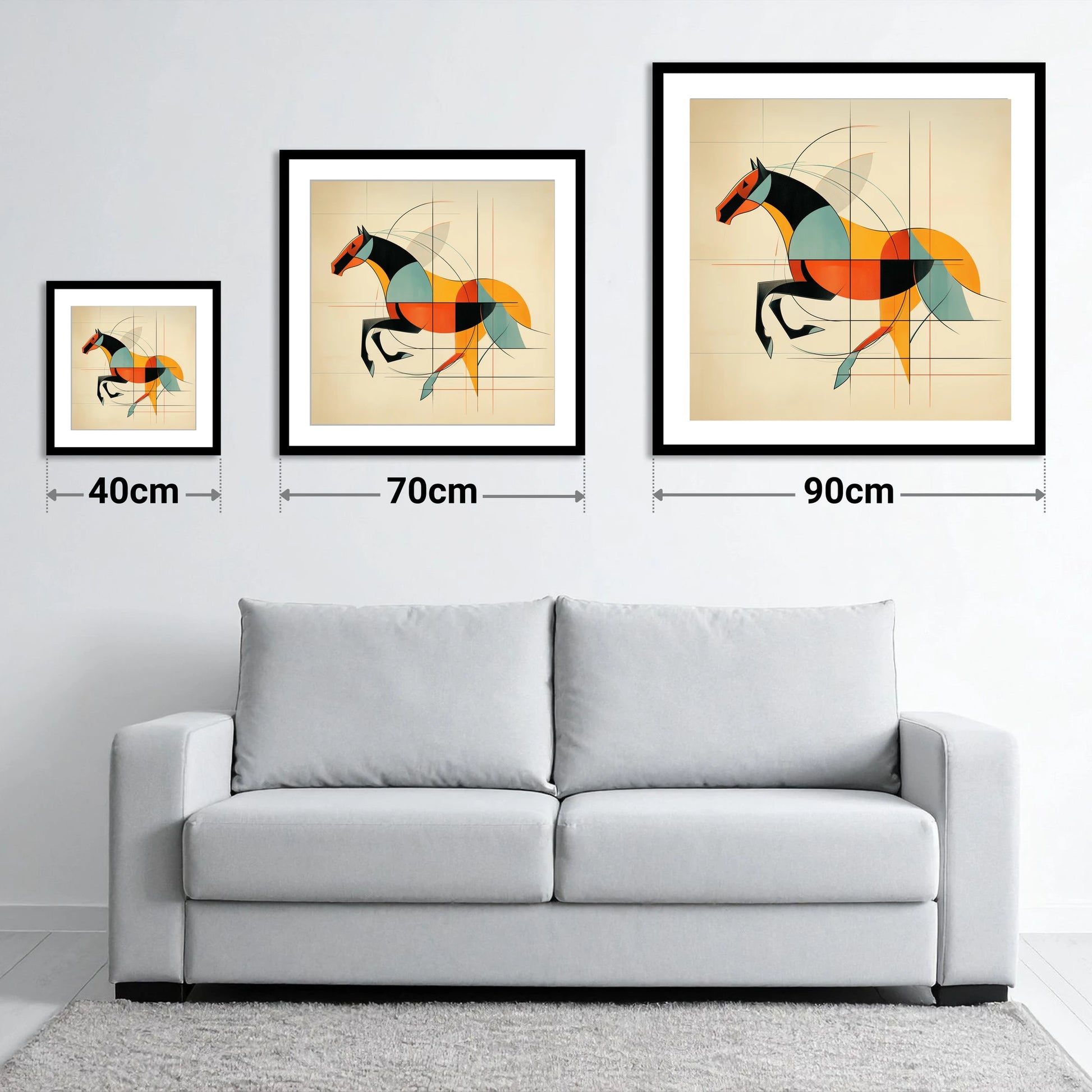 Rhythm in Motion - size guide showing 40cm, 70cm and 90cm art prints