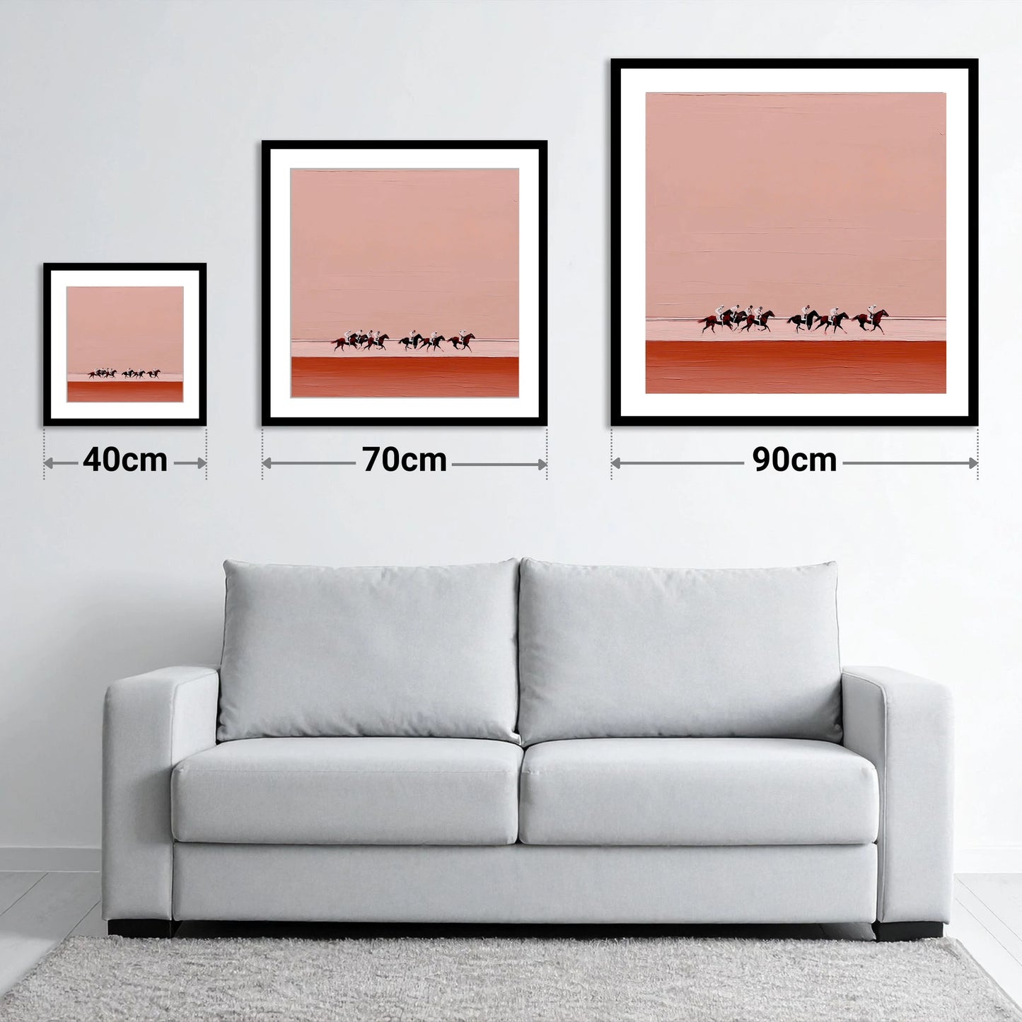 Dusty Rose Gallop - size guide showing 40cm, 70cm and 90cm art prints