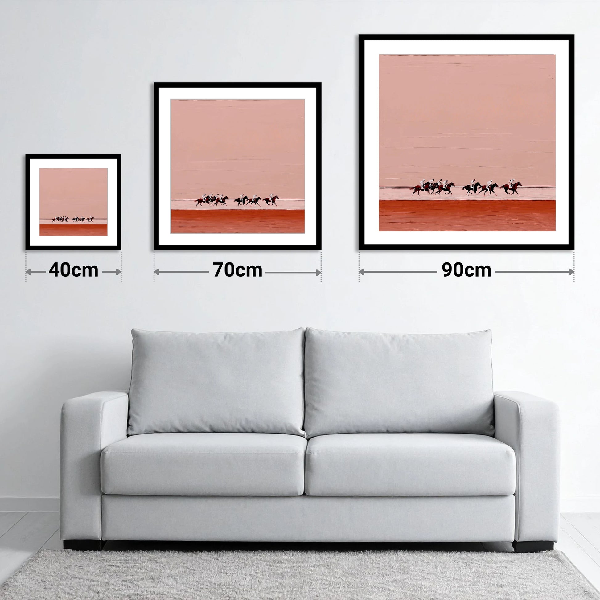 Dusty Rose Gallop - size guide showing 40cm, 70cm and 90cm art prints
