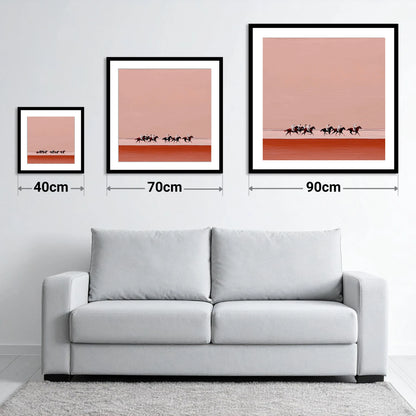 Dusty Rose Gallop - size guide showing 40cm, 70cm and 90cm art prints