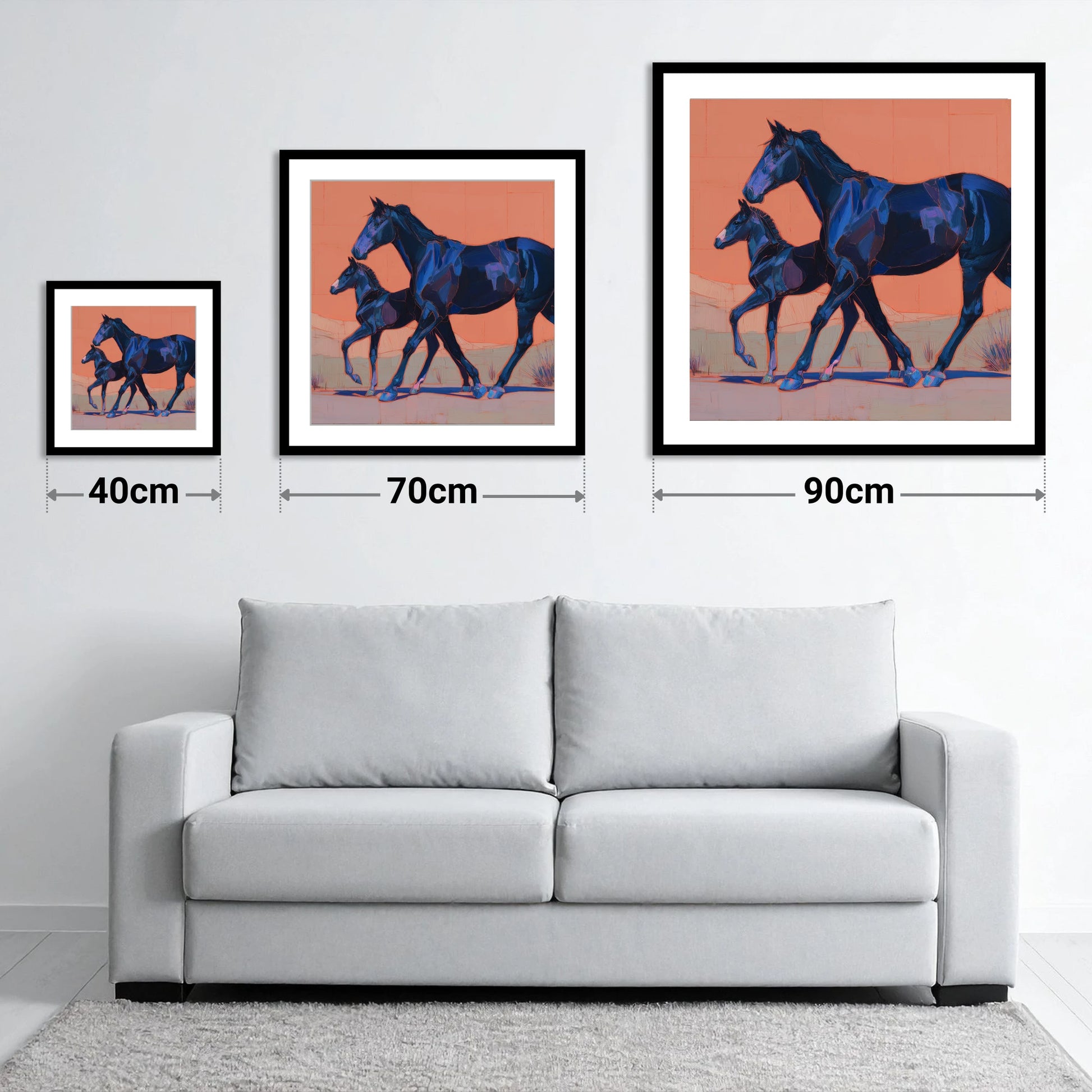 Bold Indigo Strides - size guide showing 40cm, 70cm and 90cm art prints