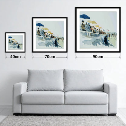 Gathering at the Rails - size guide showing 40cm, 70cm and 90cm art prints
