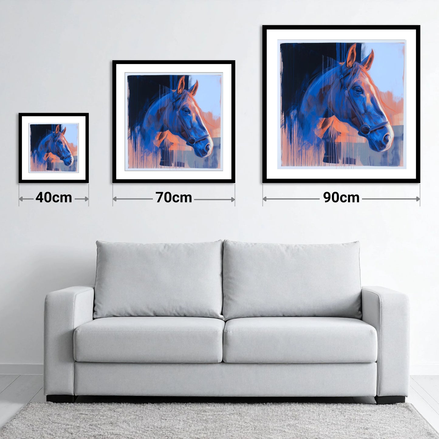 Cobalt and Apricot Light - size guide showing 40cm, 70cm and 90cm art prints