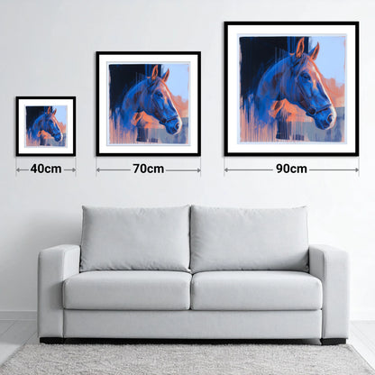 Cobalt and Apricot Light - size guide showing 40cm, 70cm and 90cm art prints