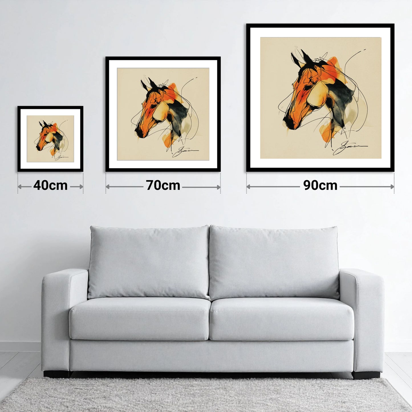 Amber Spirit Equine Portrait - size guide showing 40cm, 70cm and 90cm art prints