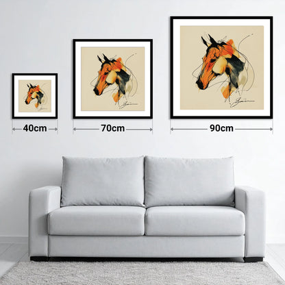 Amber Spirit Equine Portrait - size guide showing 40cm, 70cm and 90cm art prints