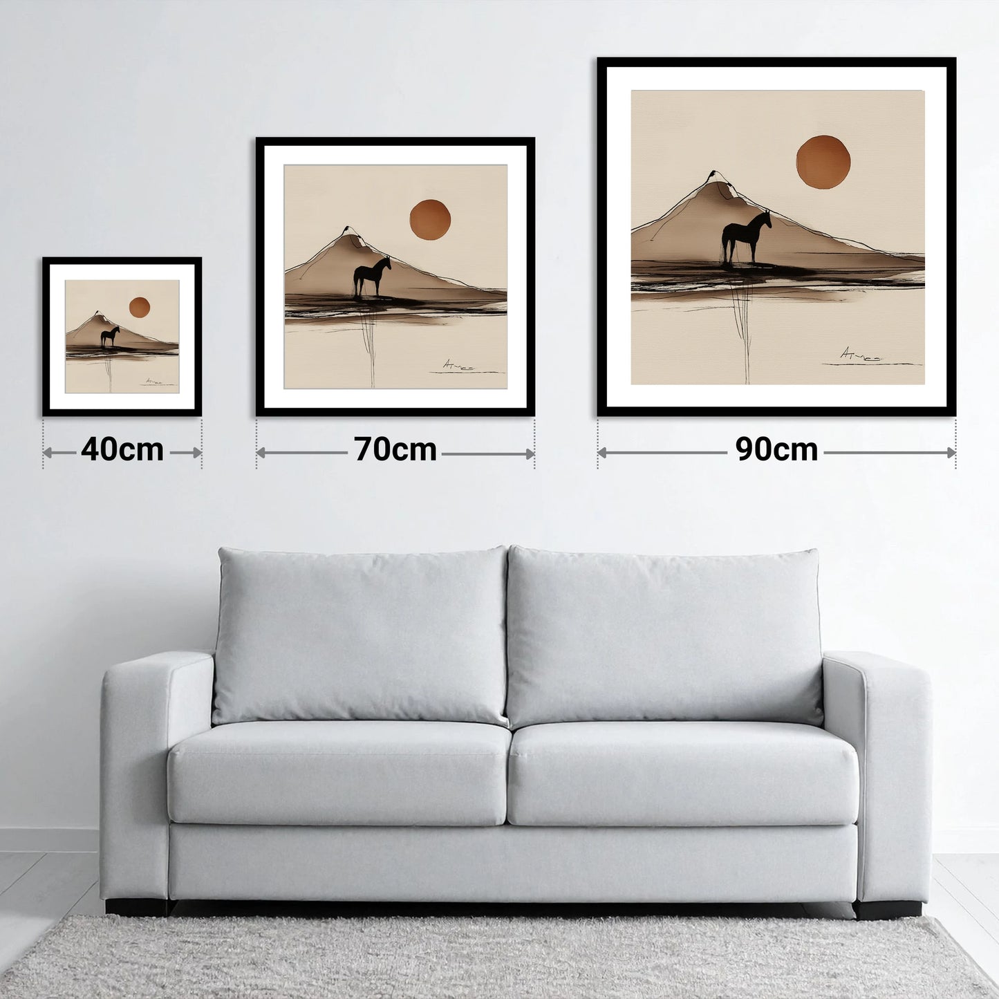Sepia Mountain Silhouette - size guide showing 40cm, 70cm and 90cm art prints