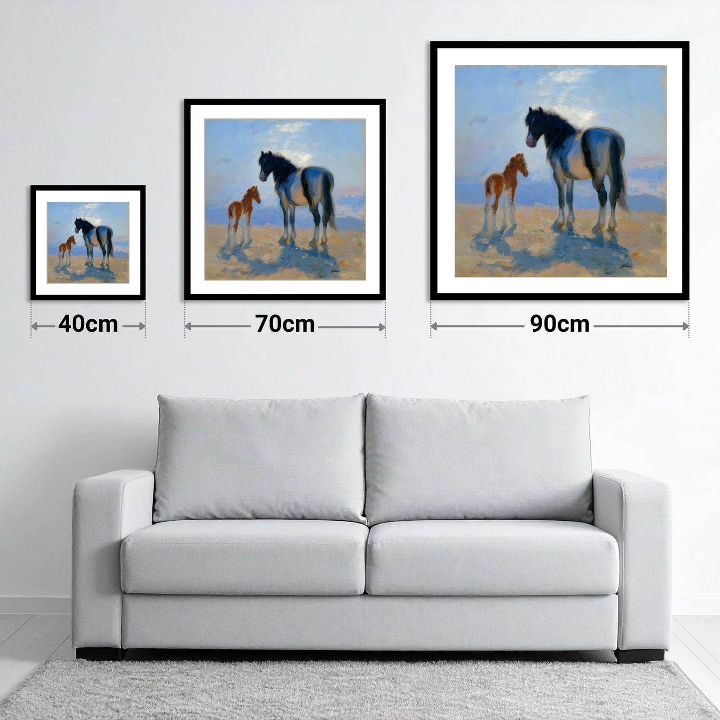 Cerulean Morning Light - size guide showing 40cm, 70cm and 90cm art prints