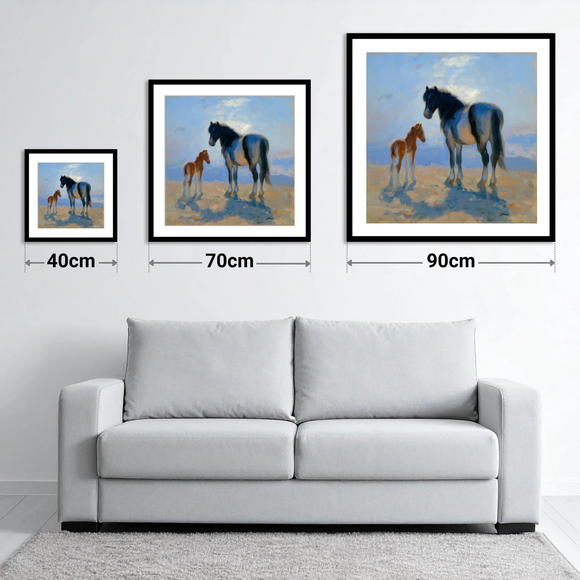 Cerulean Morning Light - size guide showing 40cm, 70cm and 90cm art prints