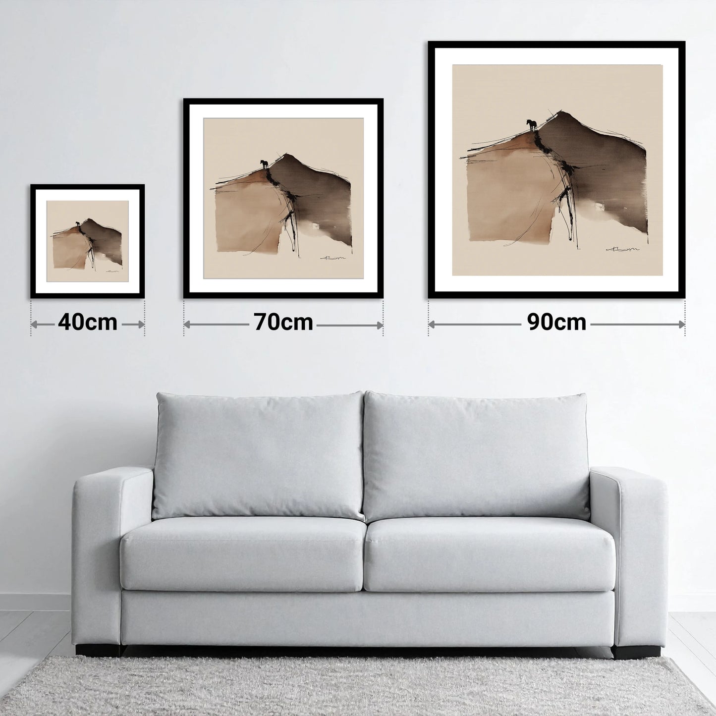 Summit Silhouette - size guide showing 40cm, 70cm and 90cm art prints