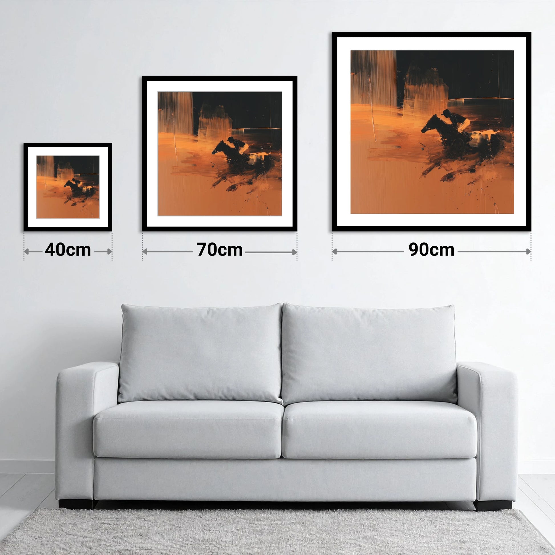 Amber Racing Silhouette - size guide showing 40cm, 70cm and 90cm art prints