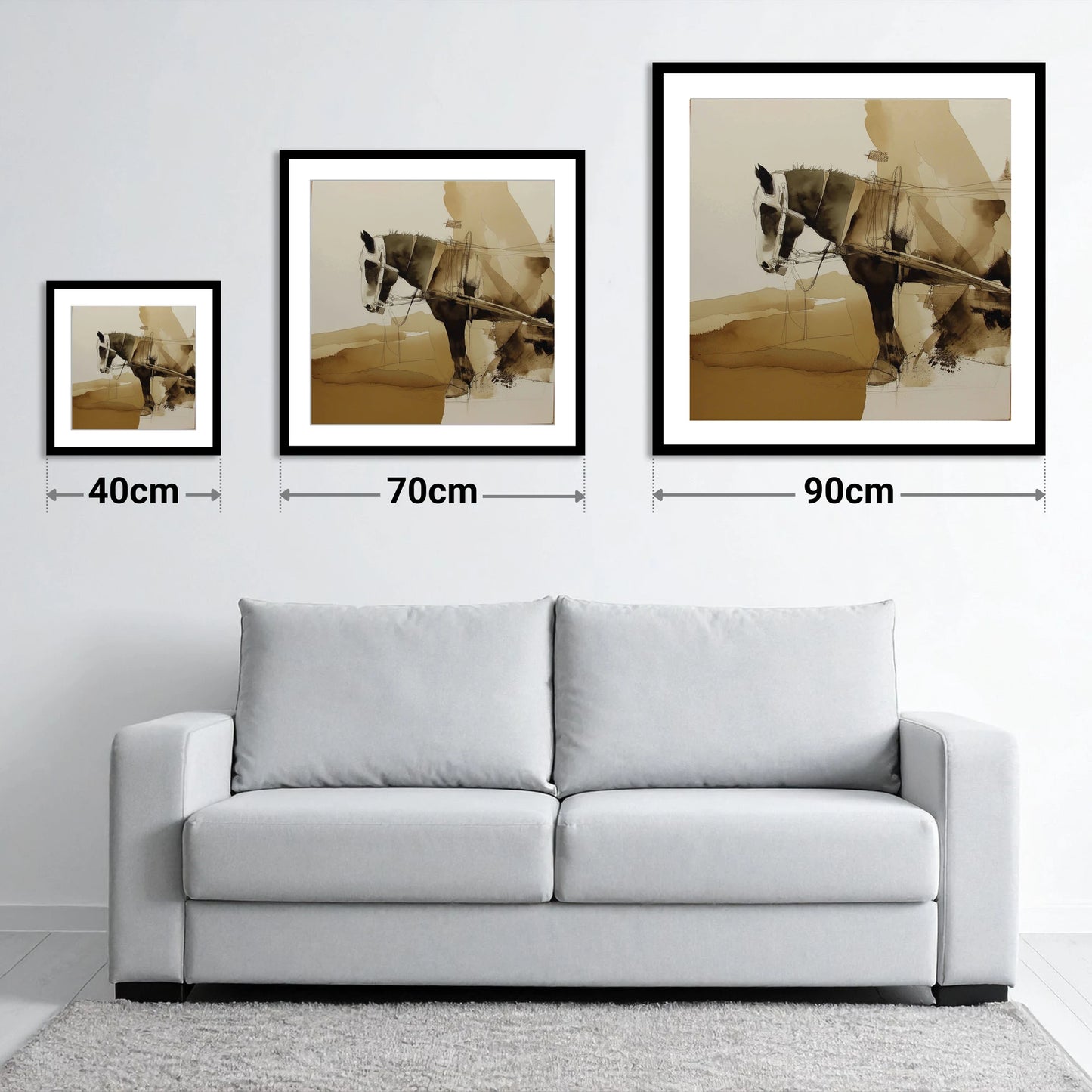 Sepia Heavy Horse Study - size guide showing 40cm, 70cm and 90cm art prints