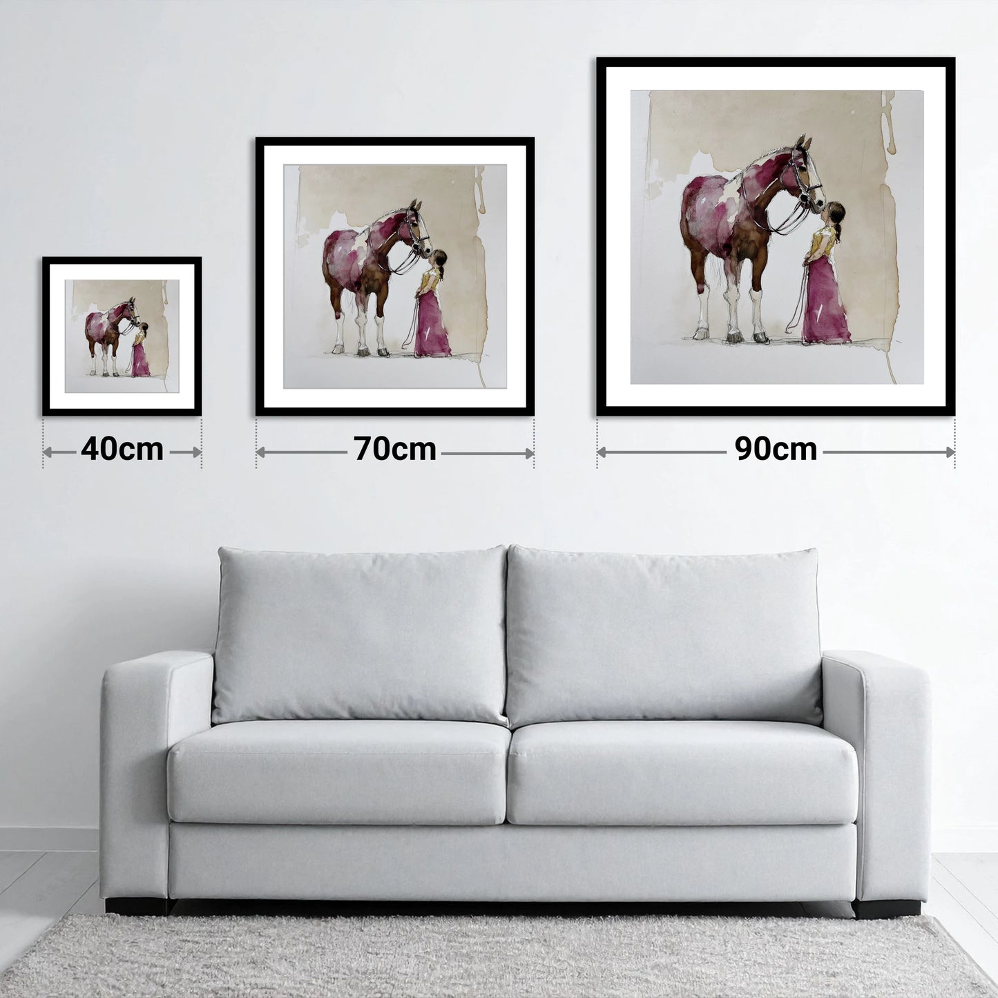 A Gentle Greeting - size guide showing 40cm, 70cm and 90cm art prints