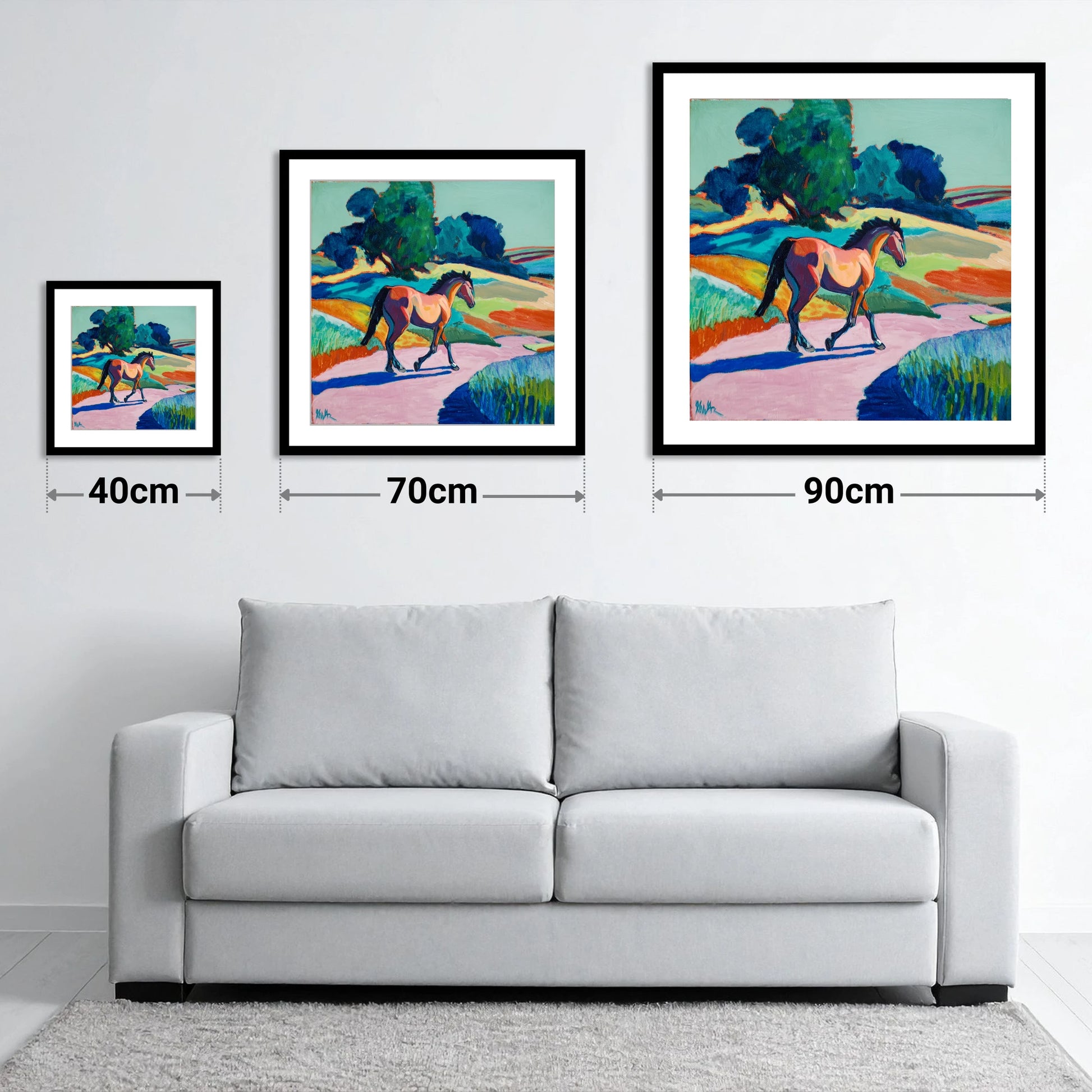 Technicolour Trot - size guide showing 40cm, 70cm and 90cm art prints
