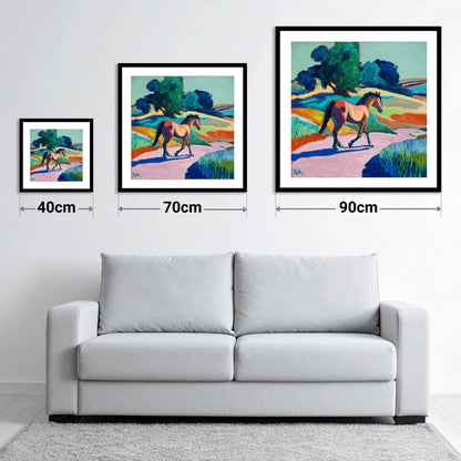 Technicolour Trot - size guide showing 40cm, 70cm and 90cm art prints