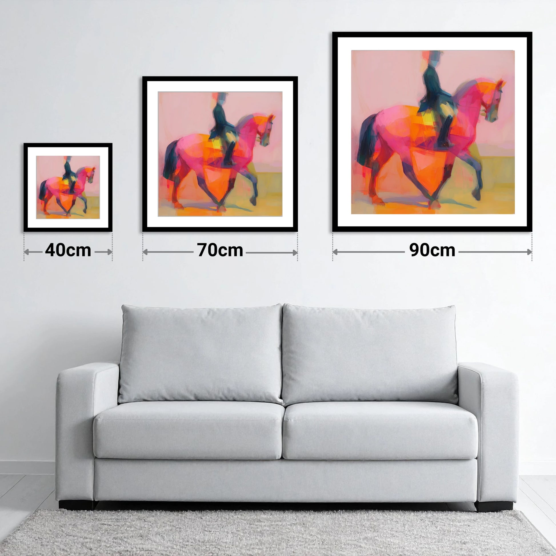 Bold Dressage Rhythm - size guide showing 40cm, 70cm and 90cm art prints