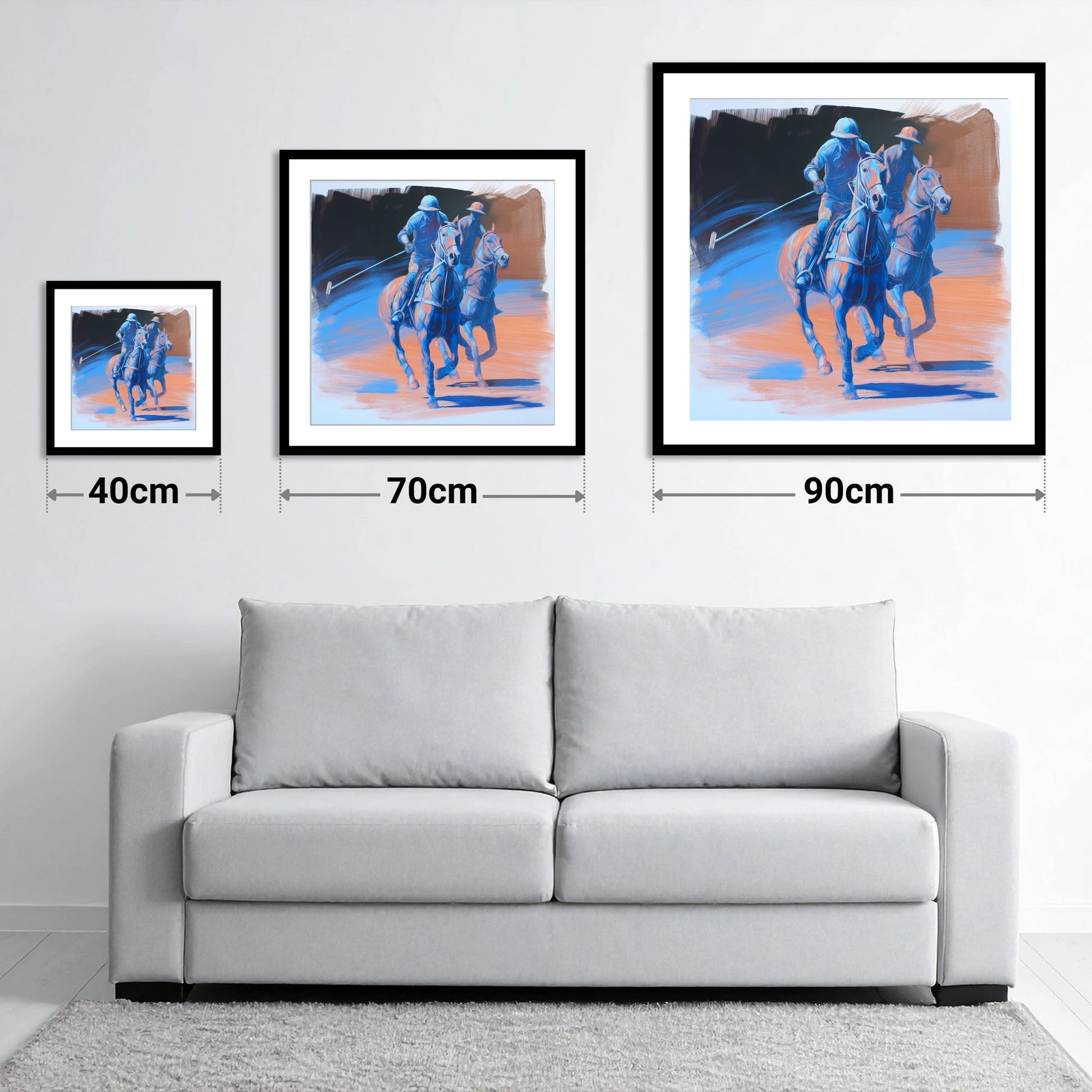 Cobalt Polo Pursuit - size guide showing 40cm, 70cm and 90cm art prints