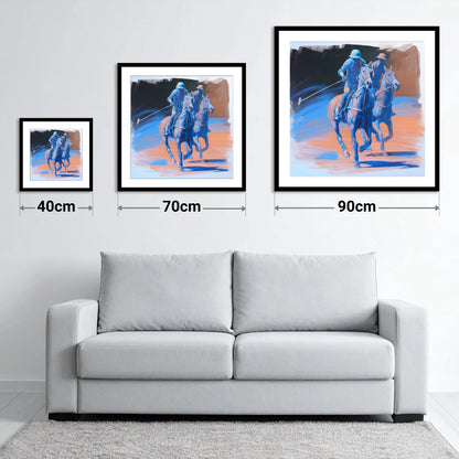 Cobalt Polo Pursuit - size guide showing 40cm, 70cm and 90cm art prints